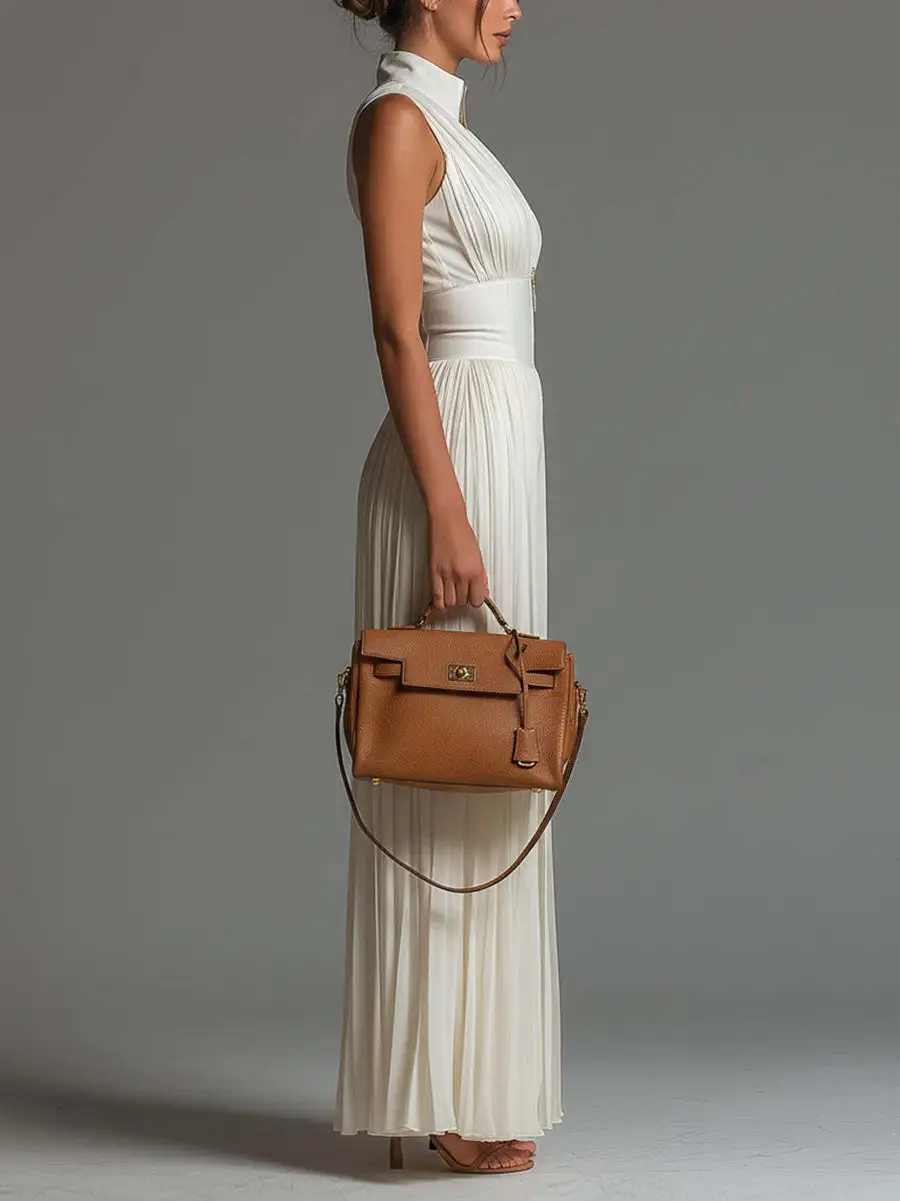 High Waisted Sleeveless Pleated Solid Color Zipper V