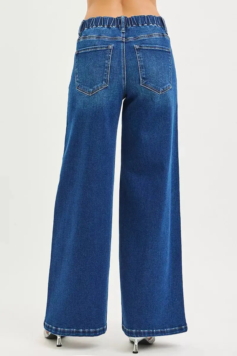 Mid Rise Wide Leg Drawstring Denim Jeans