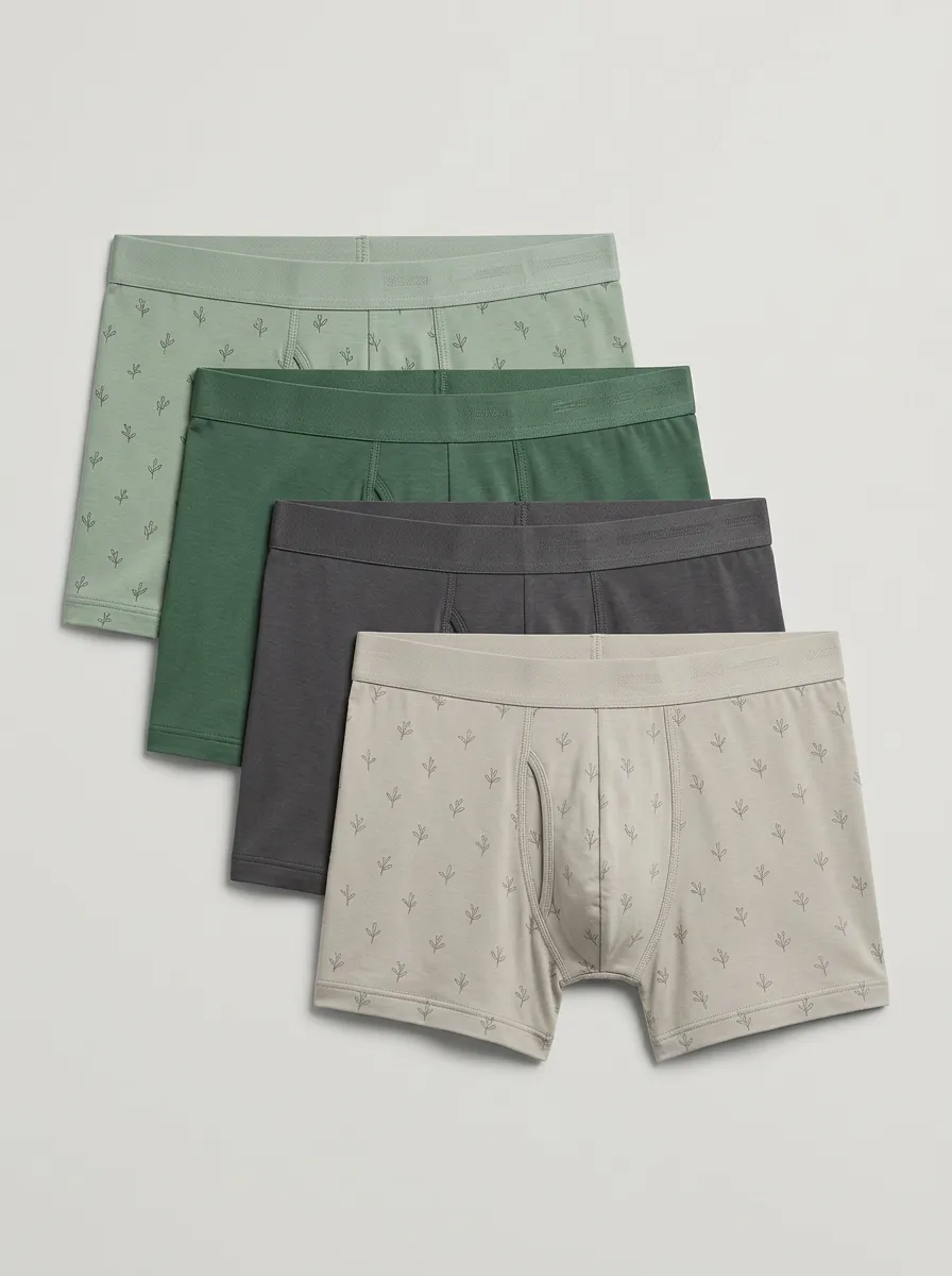 Breathable-Look Cotton Leaf Motif Solid Men's Boxer Briefs Four-Pack