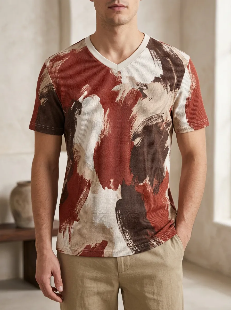 Men's Dynamic Abstract Brushstroke Pattern V-Neck T-Shirt
