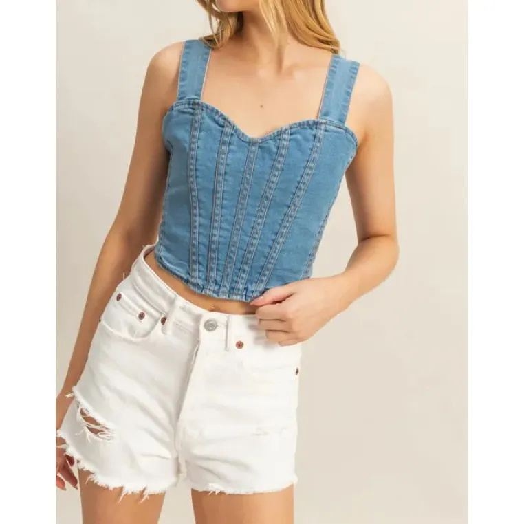 Washed Sweetheart Neck Wide Strap Denim Tank