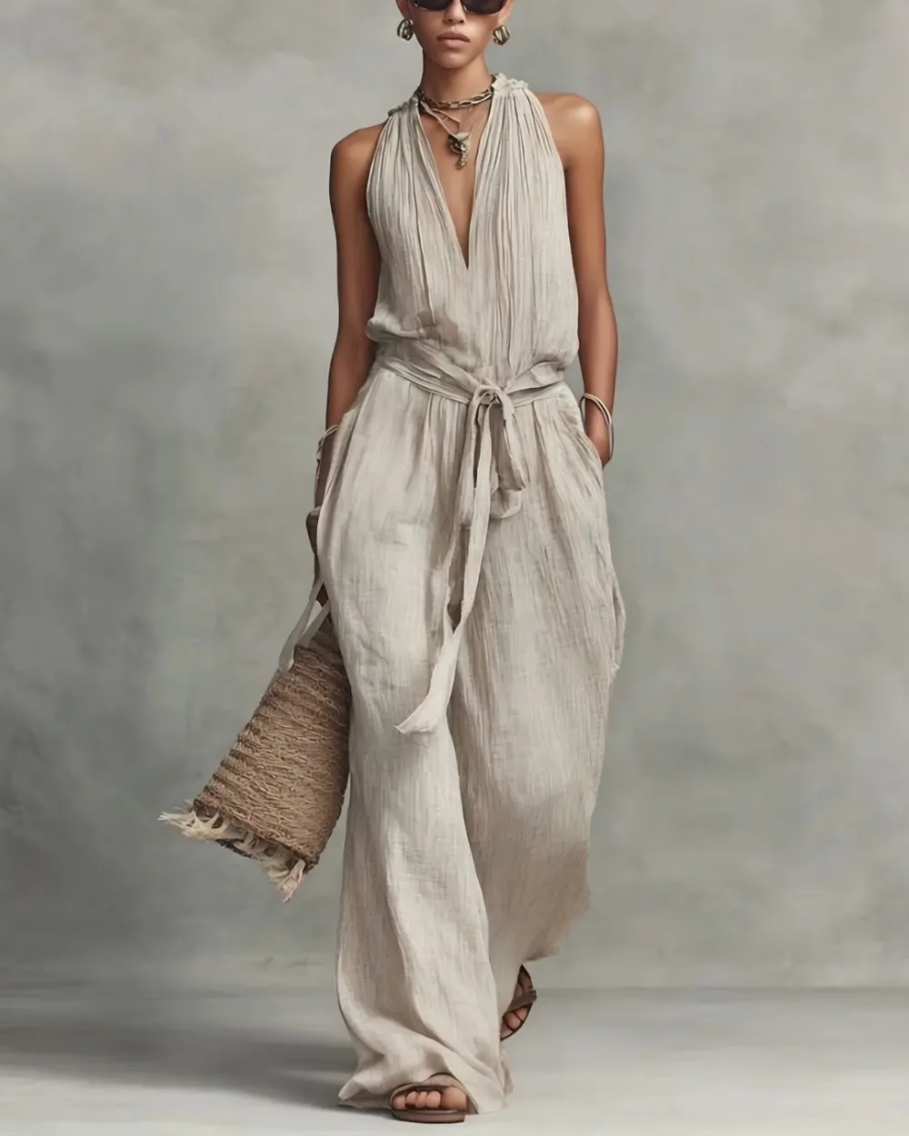 Deep V-Neck Halter Wide-Leg Jumpsuit