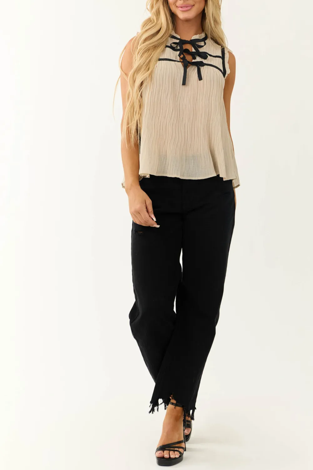 Cream Contrast Bows Plisse Sleeveless Top