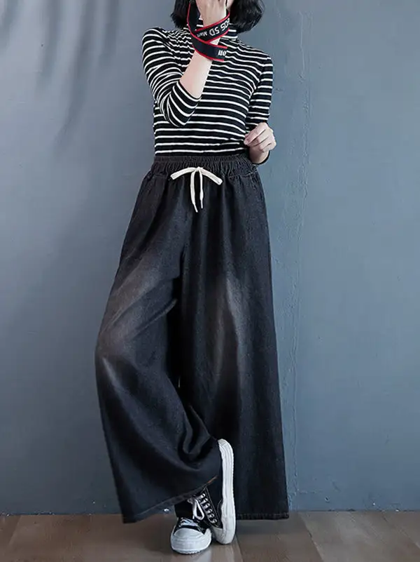Relaxed Fit Wide Leg Drawstring Jeans