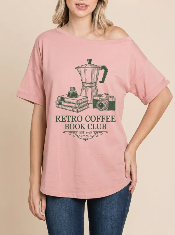 Women's Book Coffee Camera Retro Graphic Off-Shoulder T-Shirt