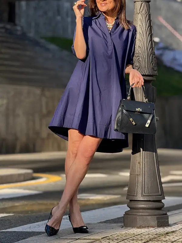A Line Short Sleeve Solid Color Split Joint Lapel Mini Dress