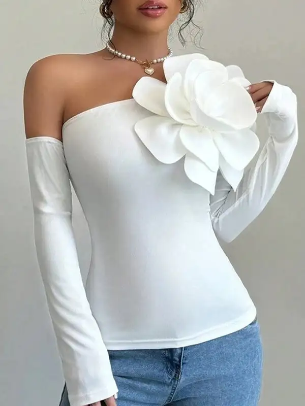Long Sleeve Slim Fit Dimensional Floral One Shoulder T-Shirt