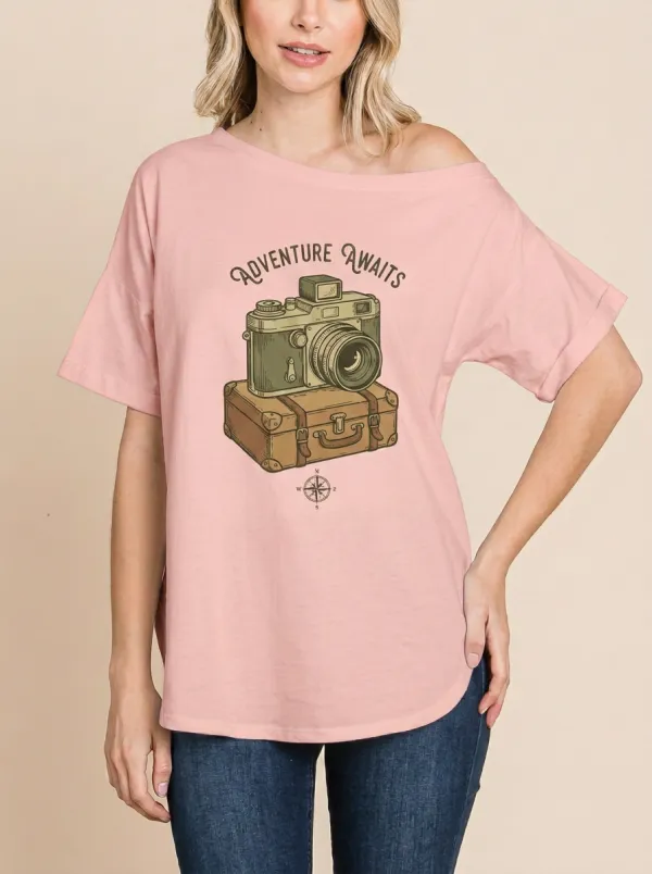 Women's Travel Adventure Camera Suitcase Compass Graphic Off-Shoulder T-Shirt