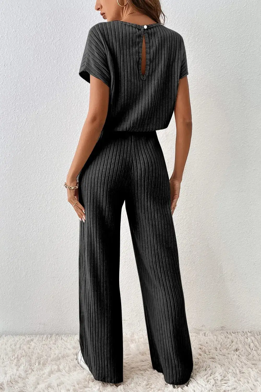 Ribbed Short Sleeve Wide Leg Jumpsuit Shorts