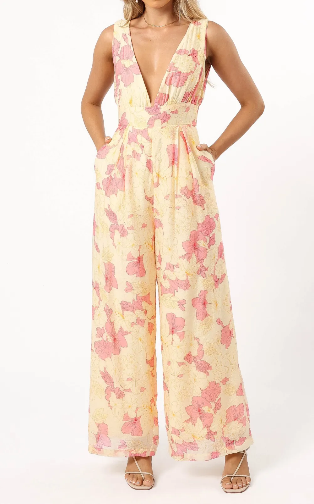 Classic V-Neck Wide-Leg Pocket Sleeveless Floral Jumpsuit