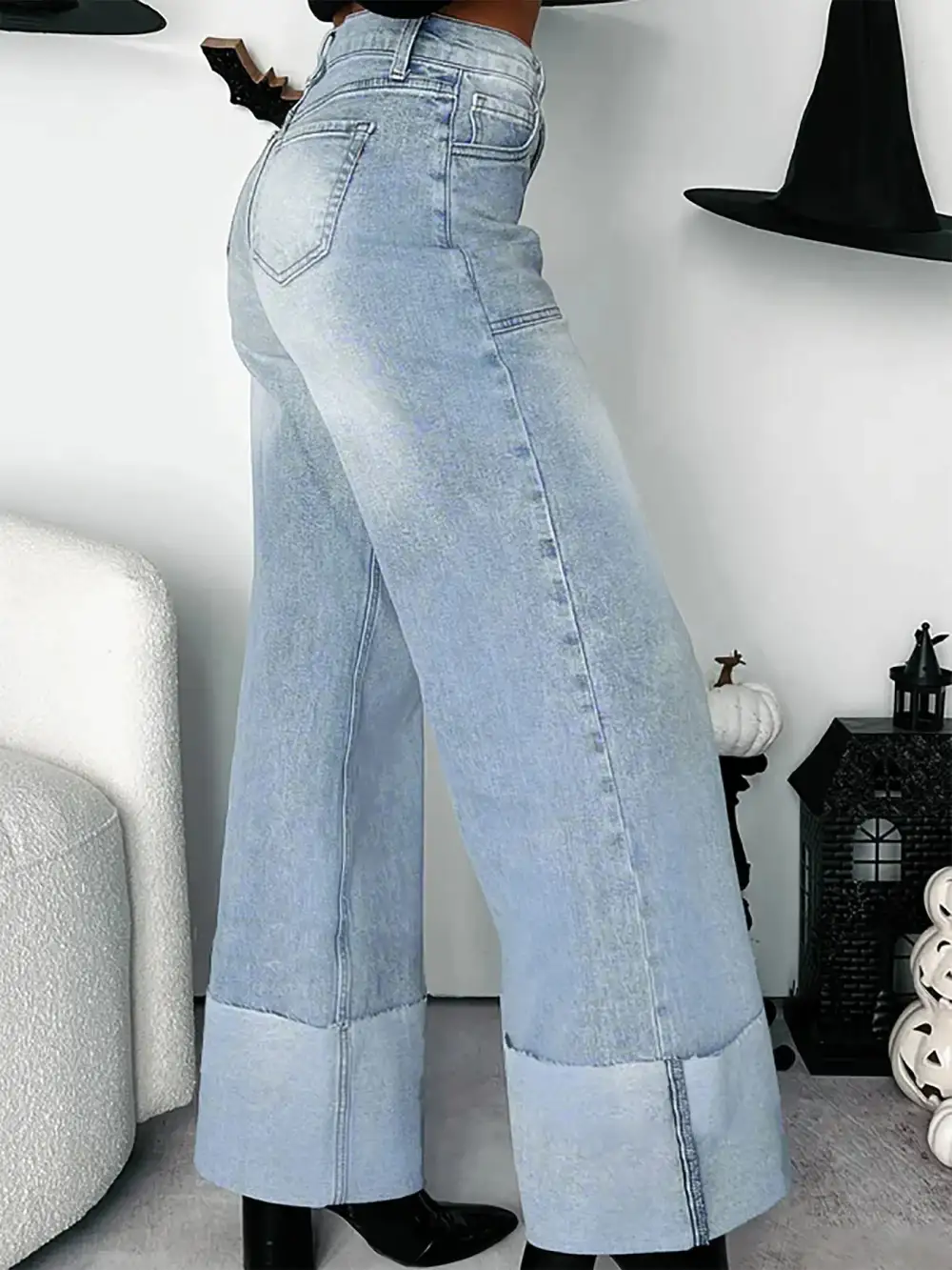 High Waisted Wide Leg Cuffed Hem Denim Jeans