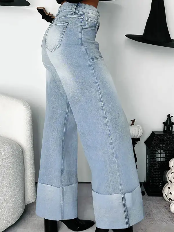 High Waisted Wide Leg Cuffed Hem Denim Jeans