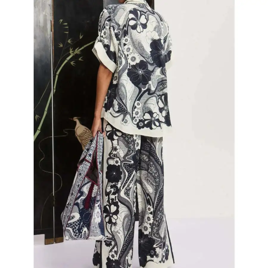 Flowing Printed Button Up Shirt and Pants Set
