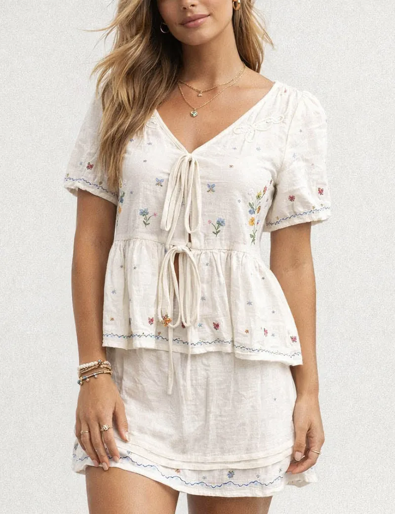 Boho Embroidery Short Sleeves Blouse Skirt Set