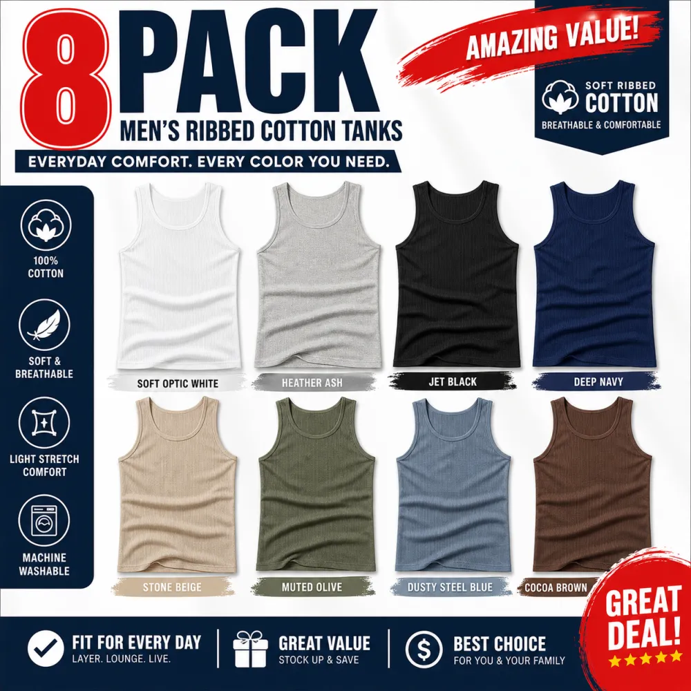FINAL SALE⚡8 Packs for $24.99⚡Value Bundle Men's Ribbed Cotton Tank Undershirts, Breathable Sleeveless Base-Layer Vests