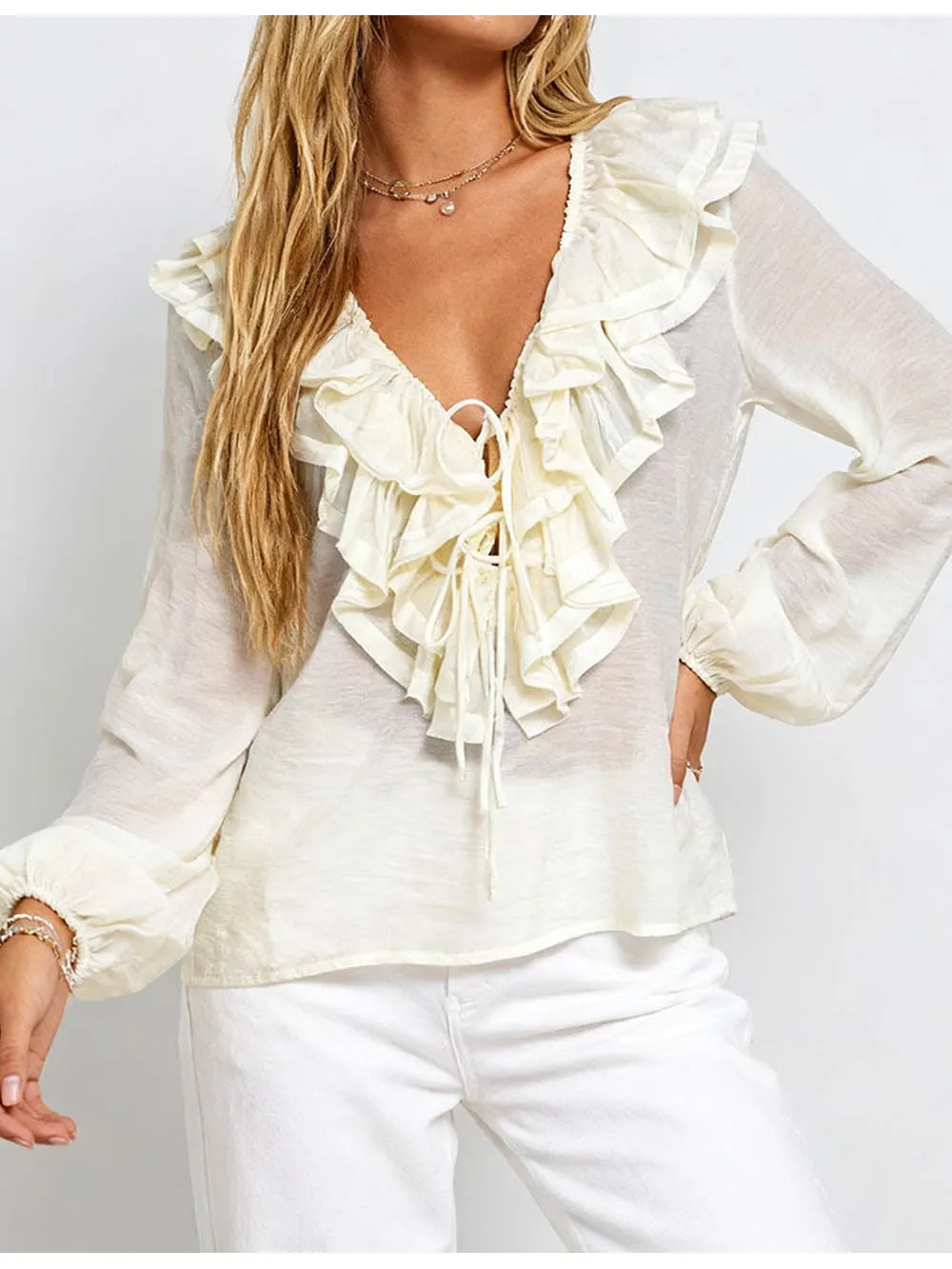 Boho Tiered Ruffle V Neck Front Blouse
