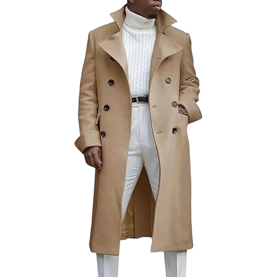 Men's Notch Lapel Double Breasted Long Trench Coat Casual Cotton Blend Peacoat