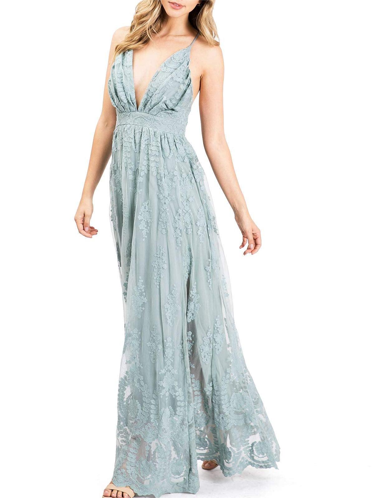 Light Blue Lace V - Neck Maxi Dress