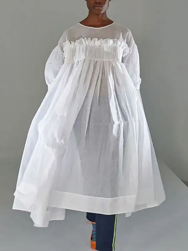 A-Line Long Sleeves Mesh Pleated Pockets See-Through Split-Joint Round-Neck Midi Dress