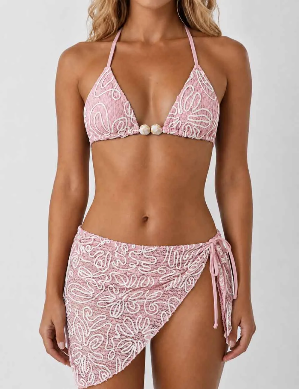 Crochet Triangle Bikini Set with Wrap Cover Up Skirt