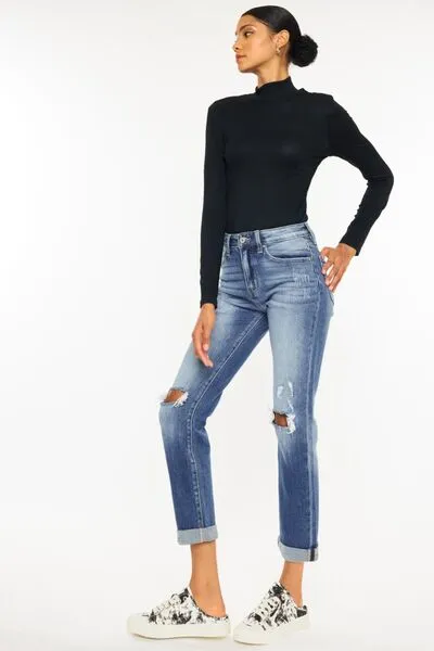 Versatile High Waist Straight Leg Distressed Denim Jeans