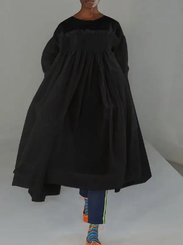 A-Line Long Sleeves Mesh Pleated Pockets See-Through Split-Joint Round-Neck Midi Dress