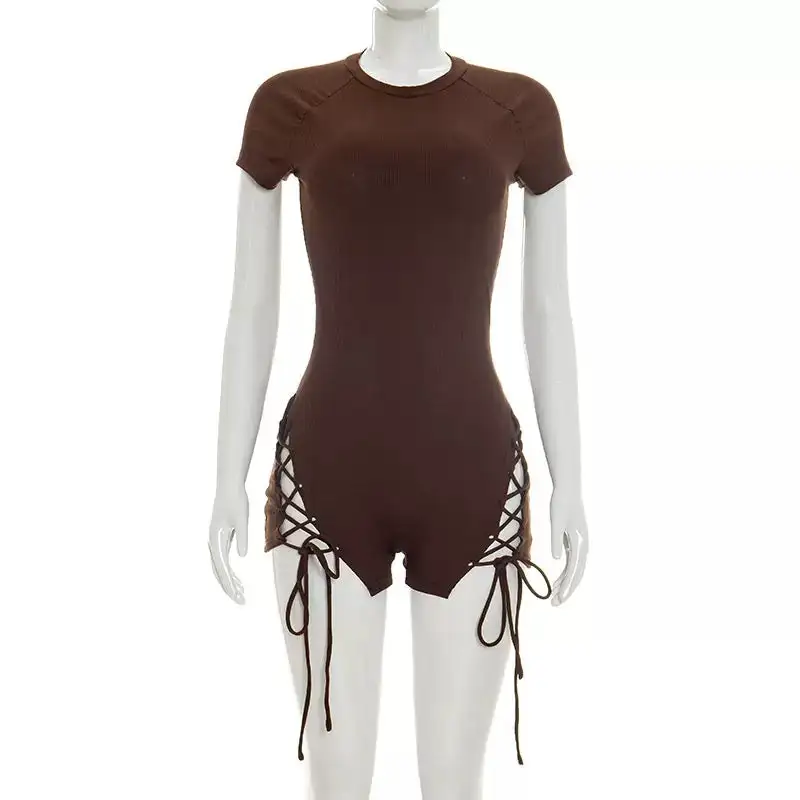 Short Sleeve Lace Ribbed Lace Up Romper