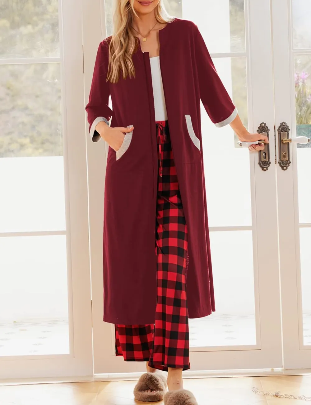 50% OFF Women Zipper Robe 3/4 Sleeves Loungewear Dress Full Length Sleepwear Pockets Housecoat Nightgown Long Bathrobe