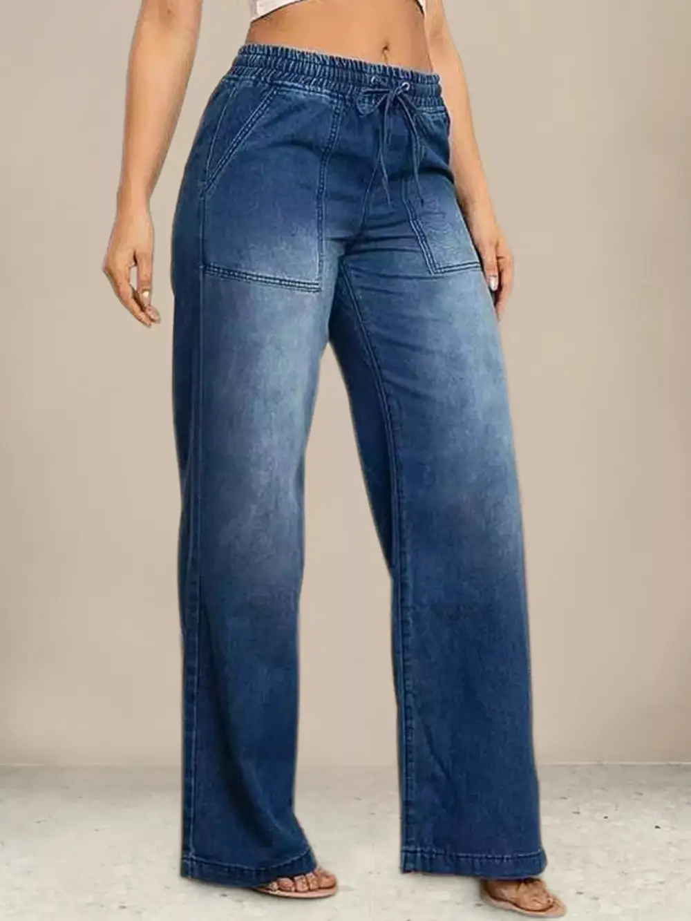 Wide Leg Drawstring Denim Jeans