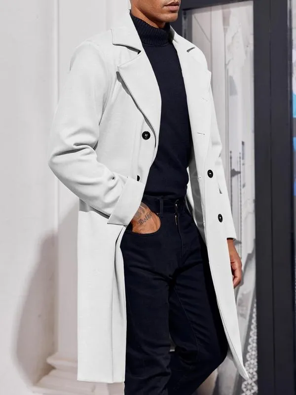 Men's Notch Lapel Double Breasted Long Trench Coat Casual Cotton Blend Peacoat