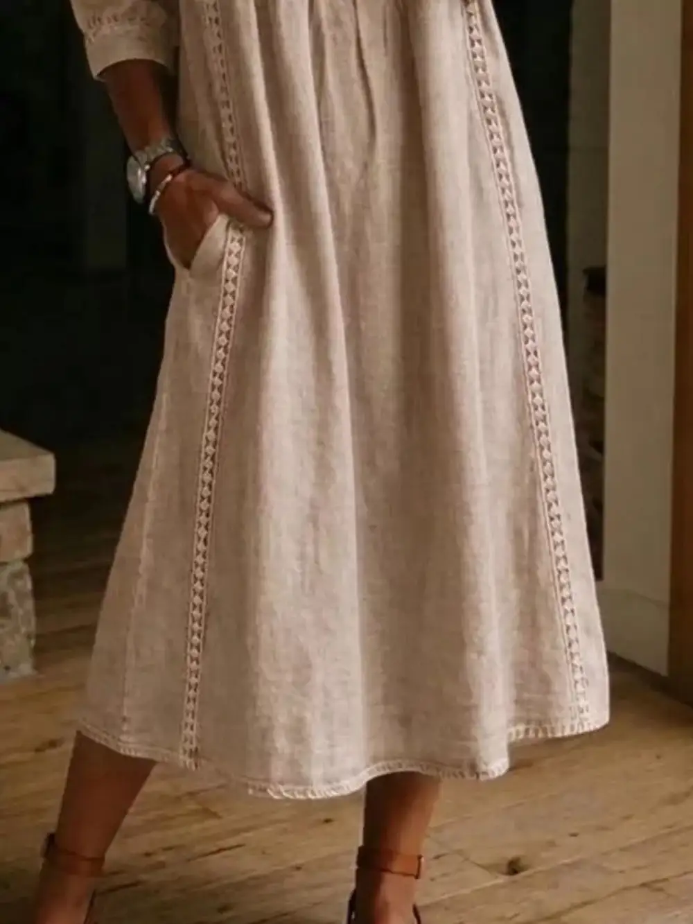 V-Neck Three Quarter Sleeve Pocketed Midi Dress