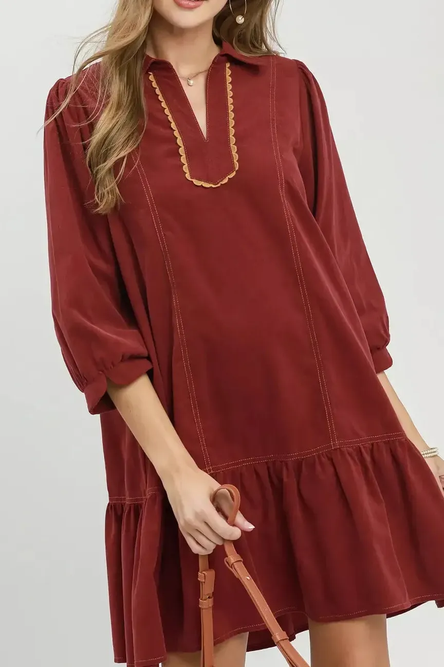 Corduroy Contrast Trim Tiered Babydoll Dress