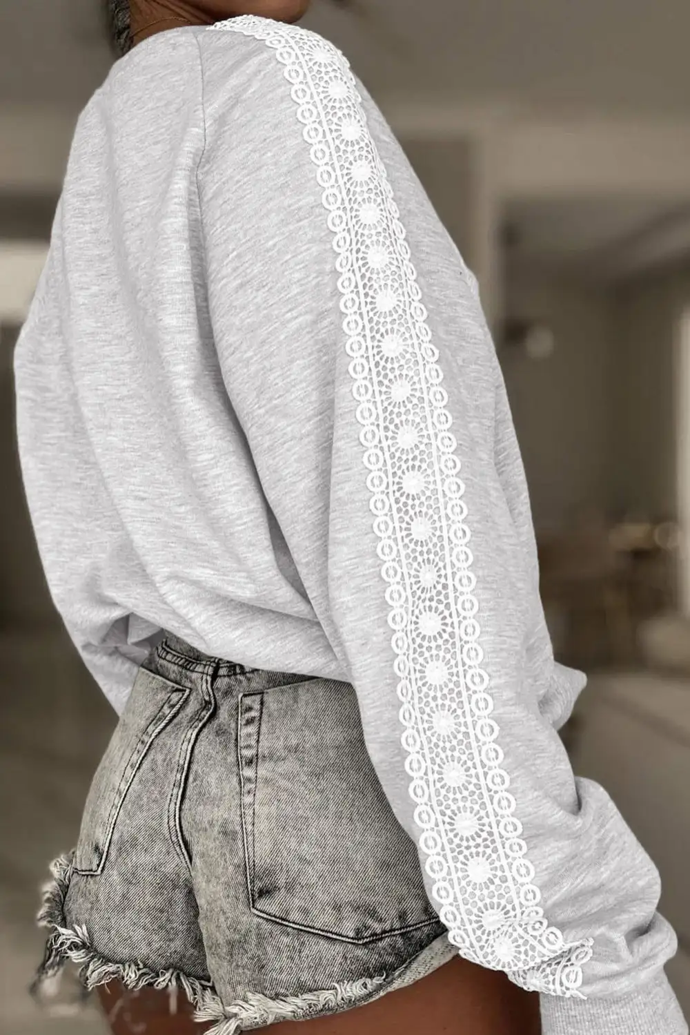 Patchwork Lace Detail Raglan Sleeve Crewneck Sweatshirt