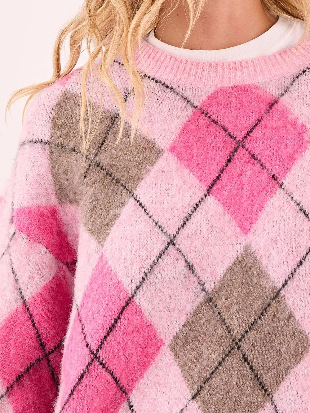 Women'S Sweet & Edgy Contrast Argyle Knit Sweater