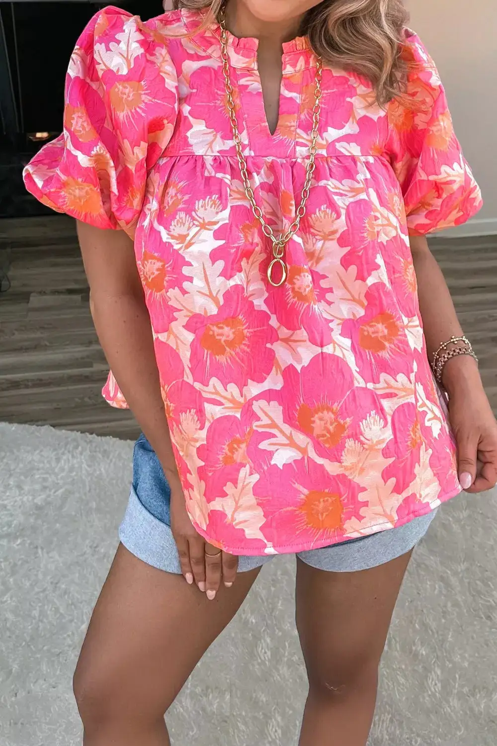 Relaxed Short Bubble Sleeve Floral Blouse