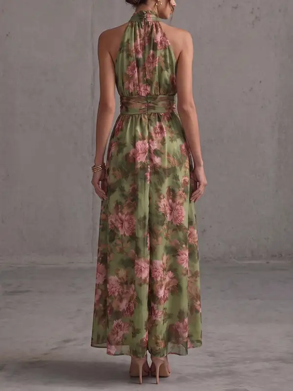 Waisted Pleated Buttoned Sleeveless Neck Maxi Dress