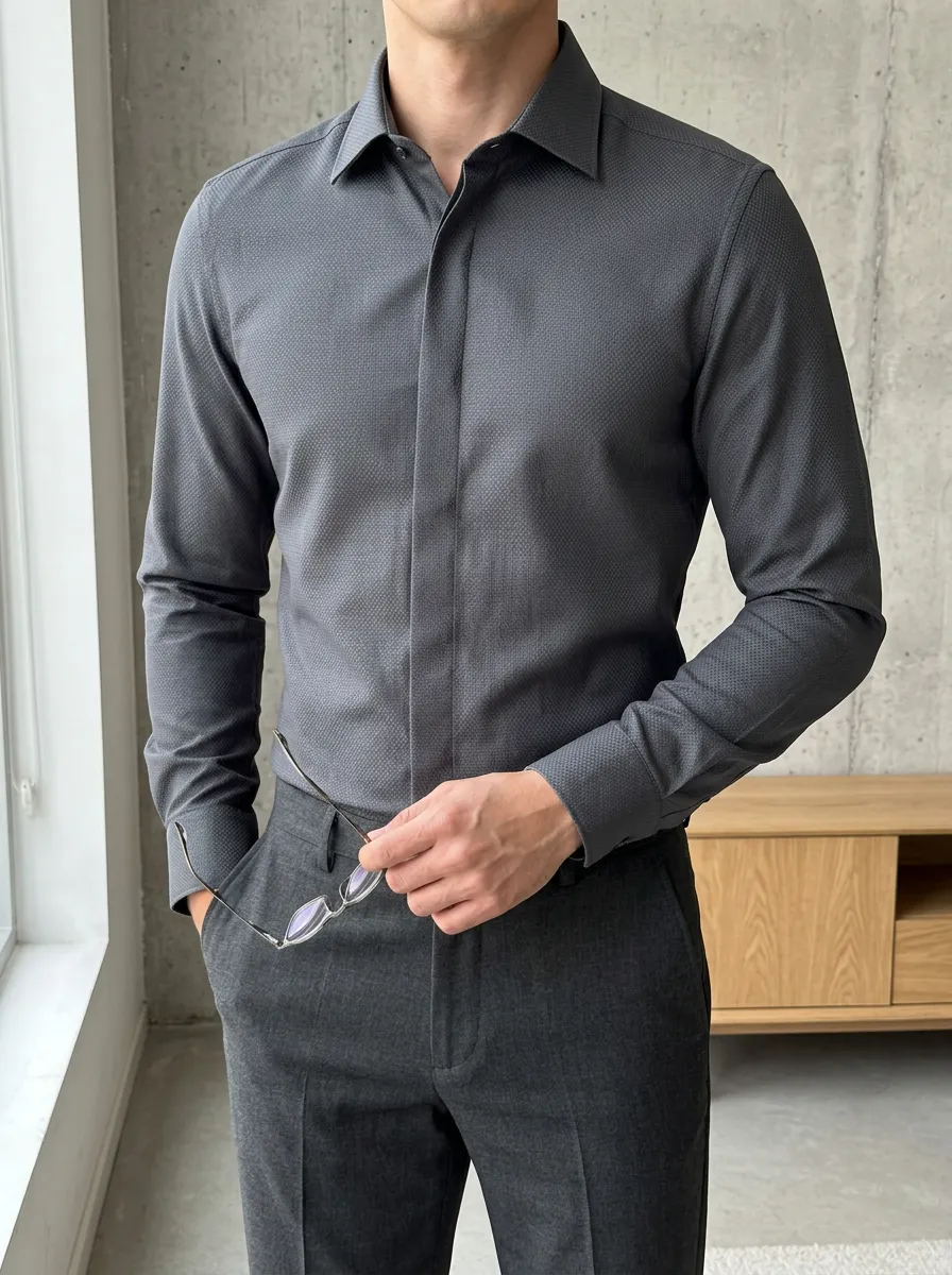 Men's Business Casual Charcoal Micro-texture Slim Fit Shirt