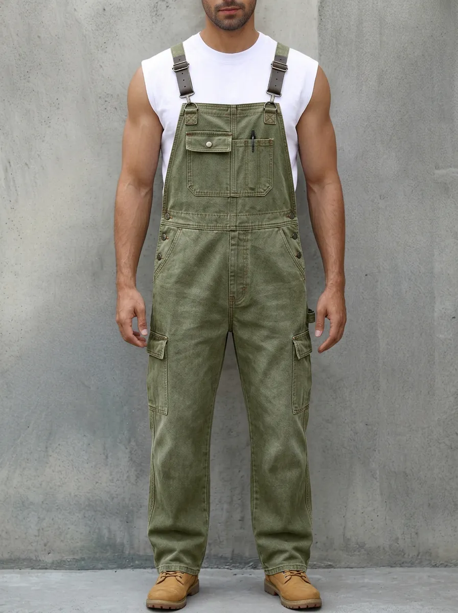 Men's Casual Workwear Olive Green Cargo Denim Overalls