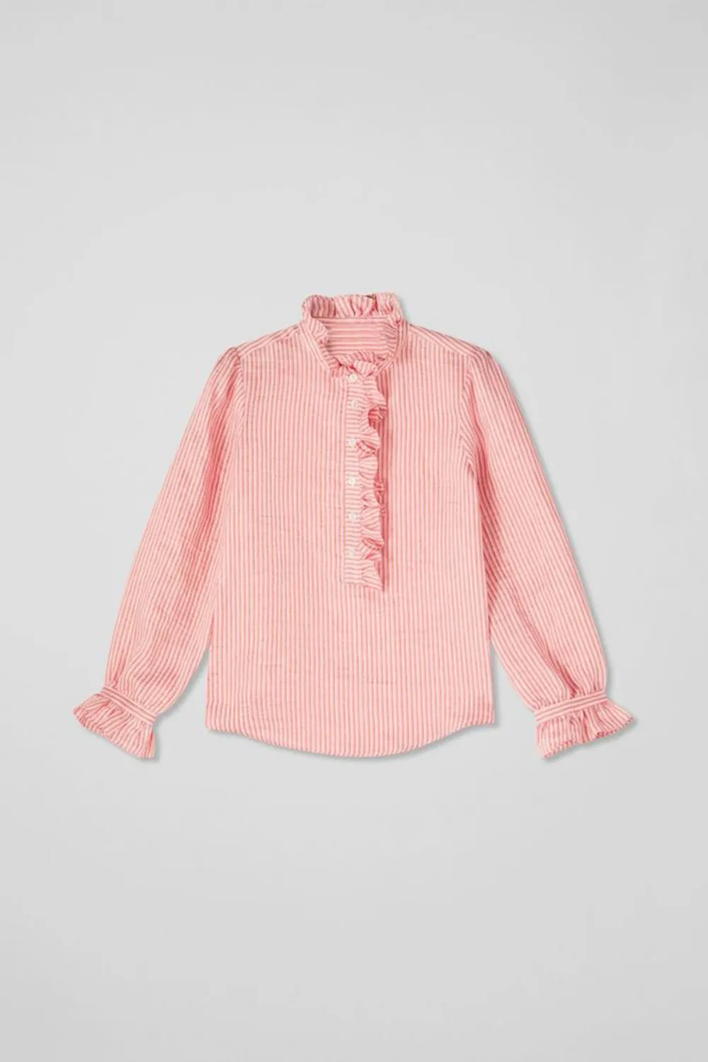 Pink Striped Ruffle Trim Button Down Shirt