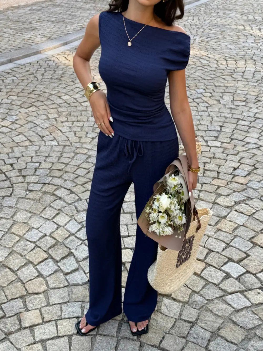 Asymmetrical Neck Top and Pants Set