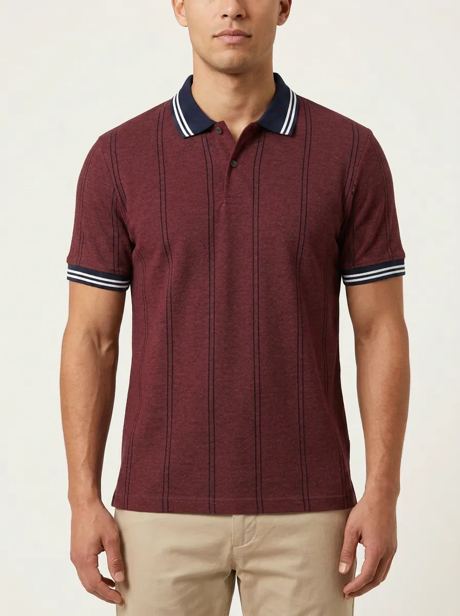 Men's Knit Ribbed Textured Vertical-Stripe Polo Shirt
