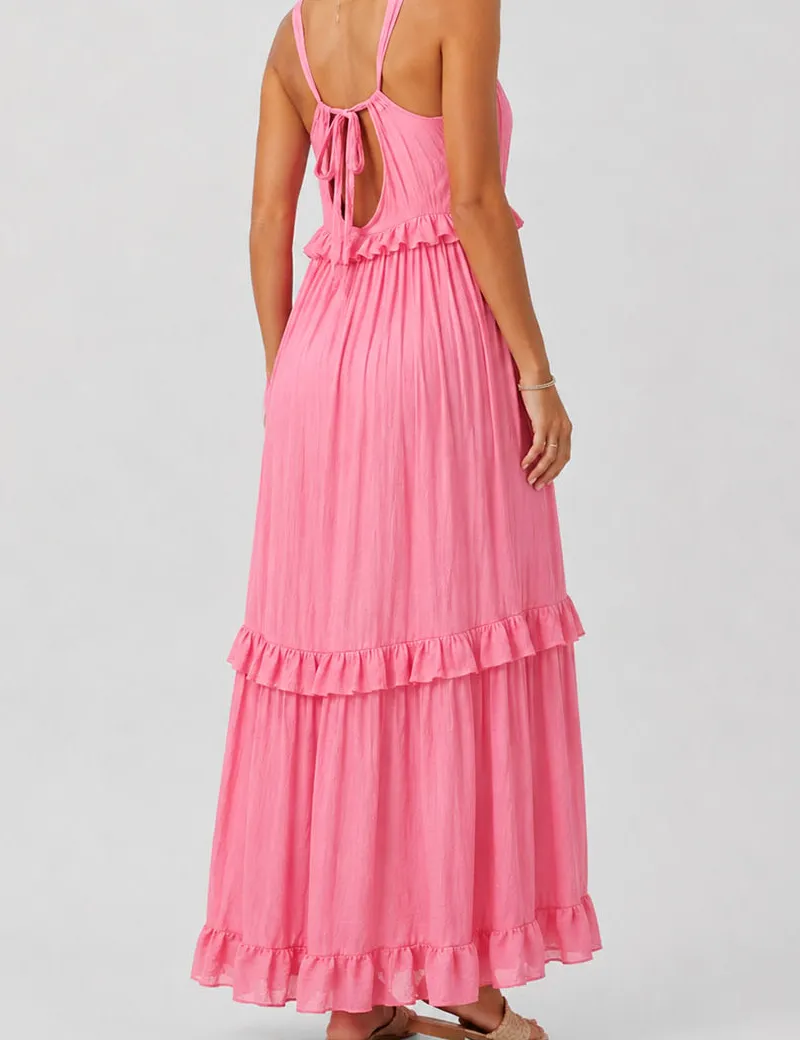 Boho Ruffle Tiered Hem Sleeveless Solid Color Maxi Dress