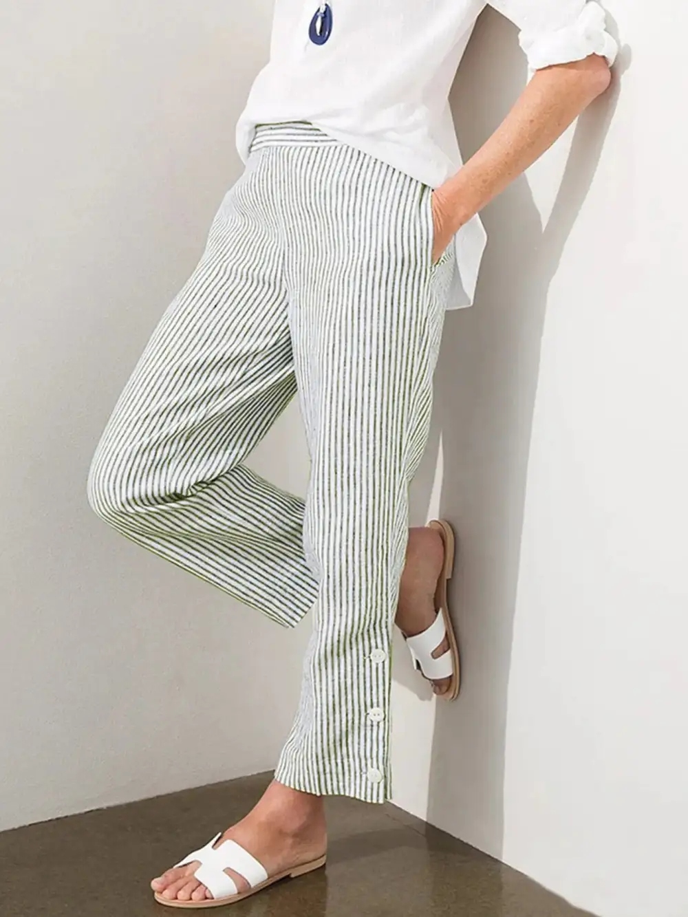 Striped Side Button Detail Plus Pants