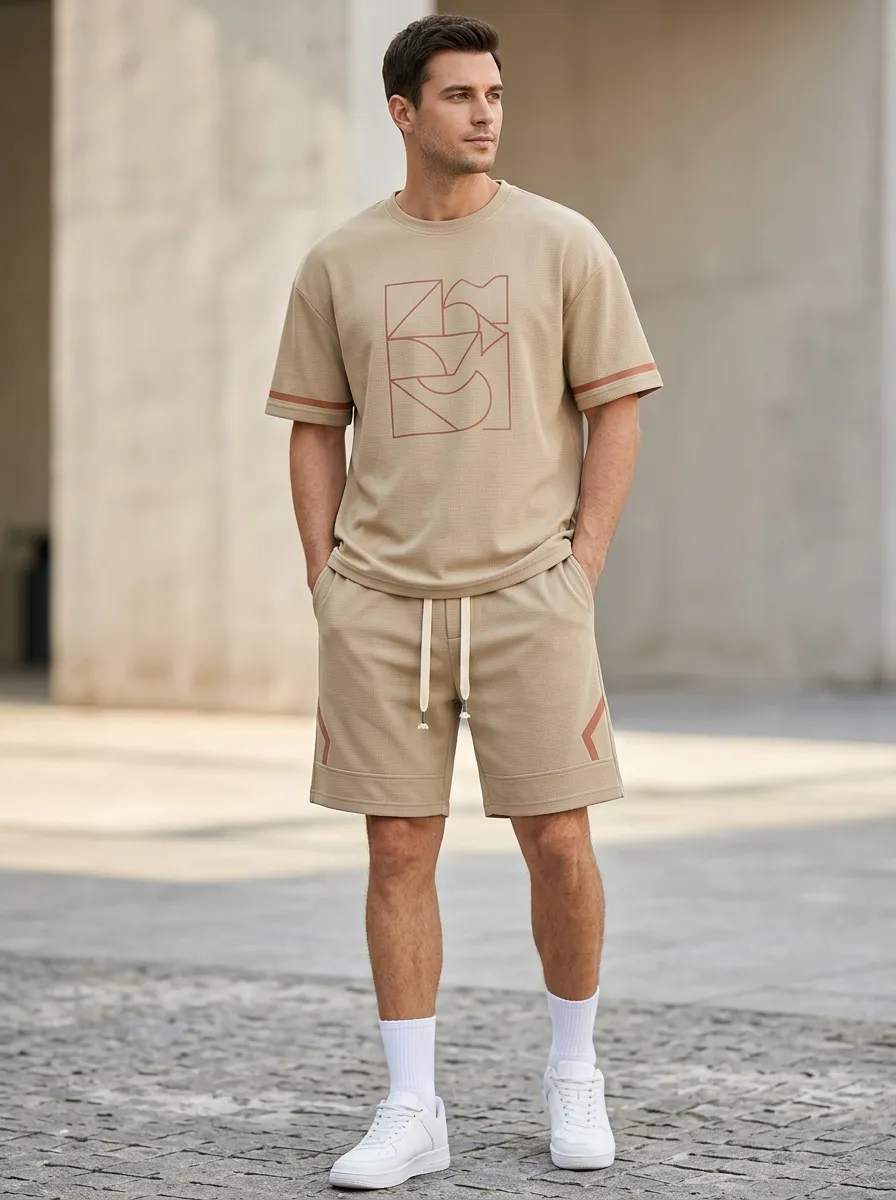 Casual Geometric Pattern Silhouette Men's T-Shirt And Shorts Set