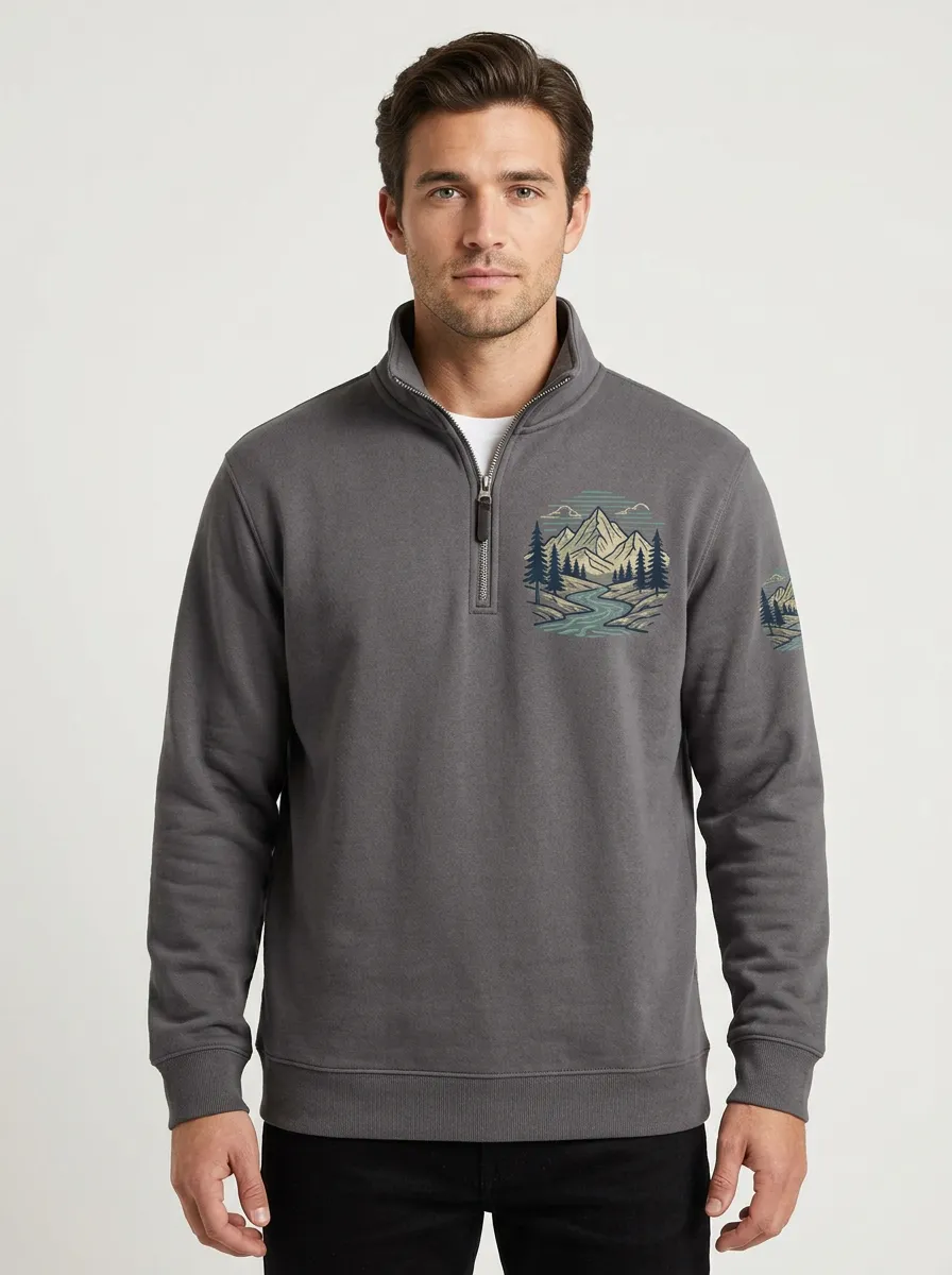 Men's Nature Mountain River Graphic Quarter-Zip-Neck Sweatshirt