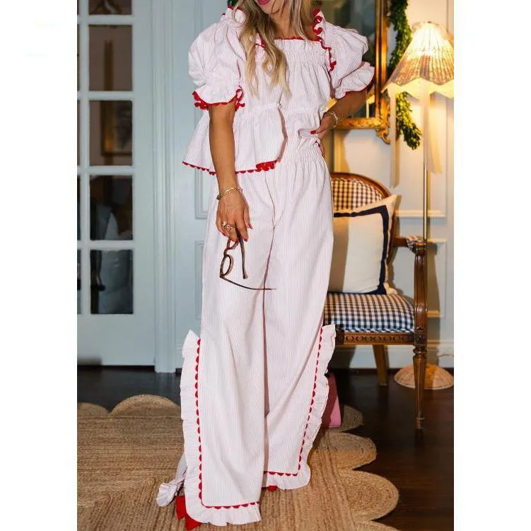 Women Pajama Set,Short Sleeve Square Neck T-shirt with Pants Sleepwear Loungewear