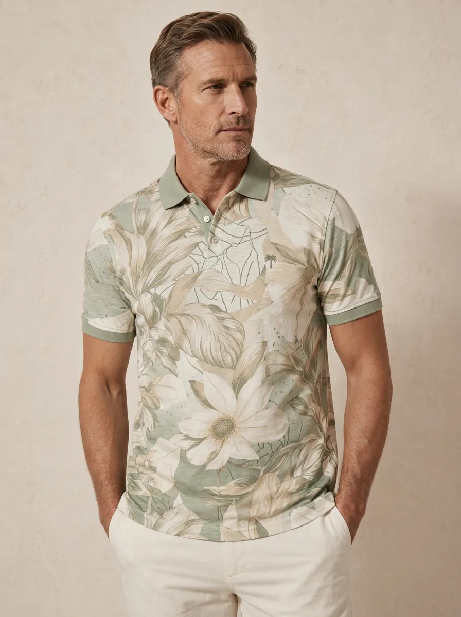 Men's Embroidered Palm Tree Floral Print Polo Shirt
