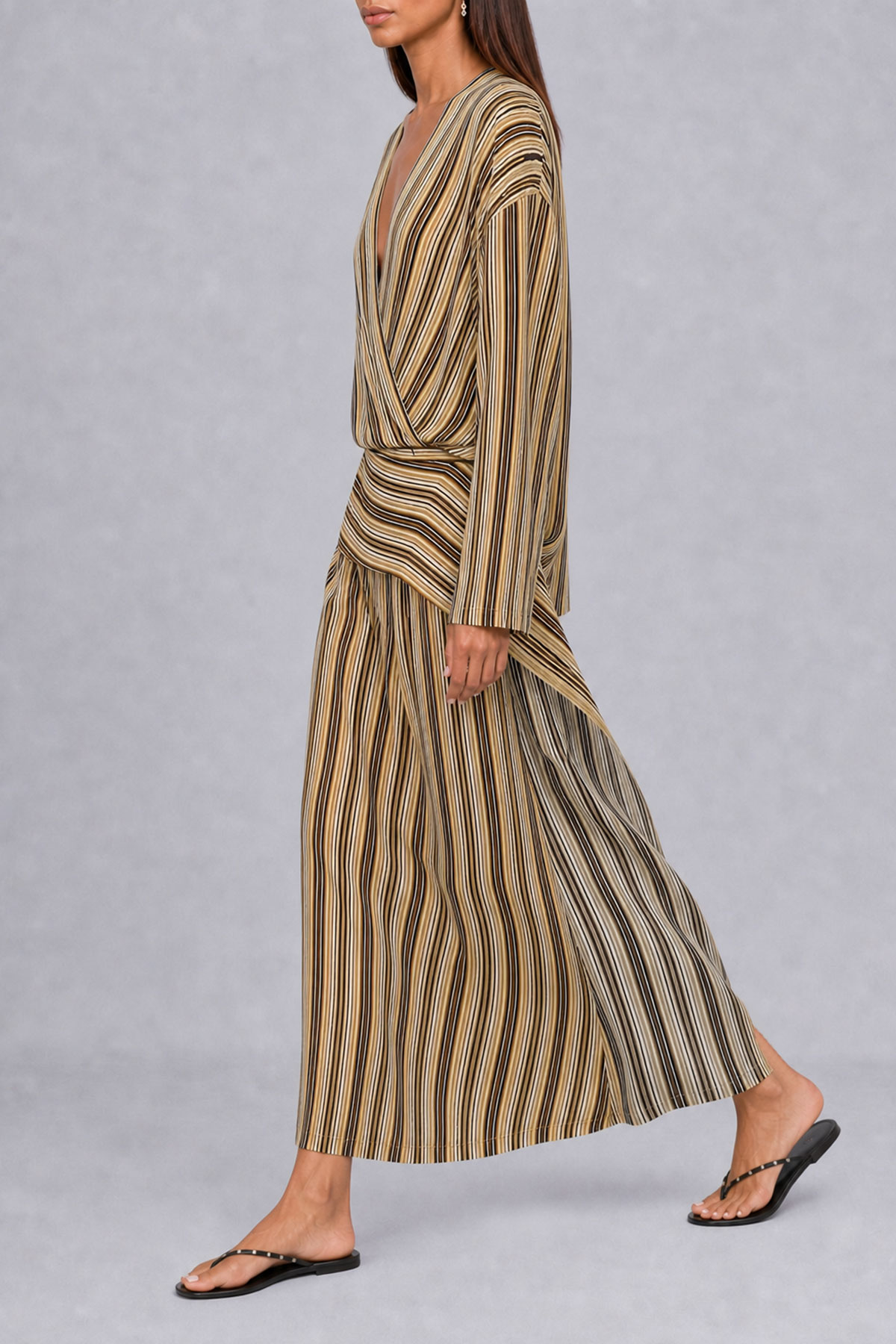 Plunge Neck Striped Midi Dress