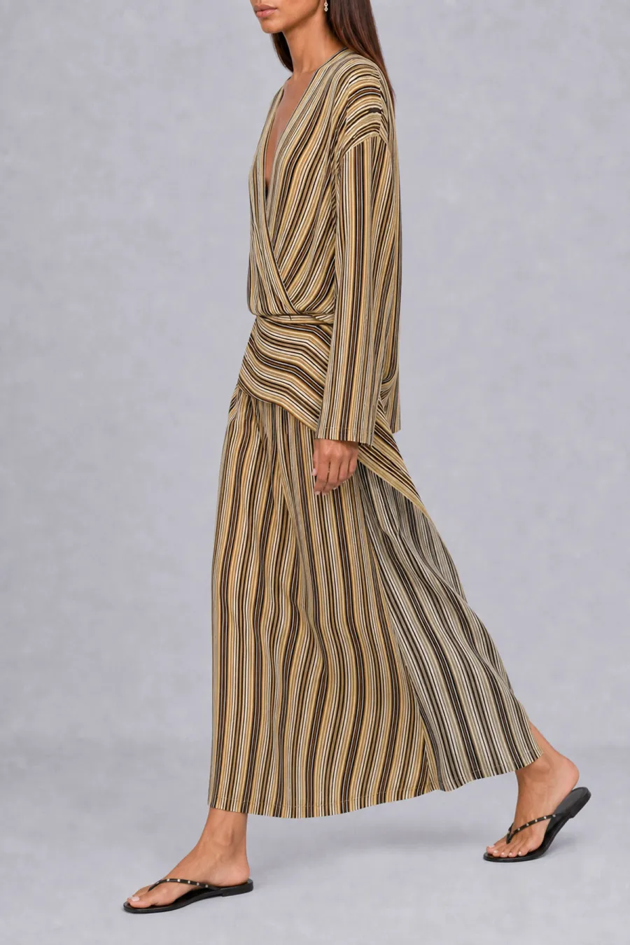 Plunge Neck Striped Midi Dress