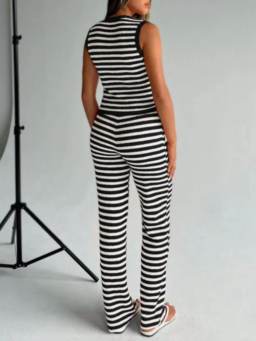 Striped Knit V Neck Button Up Sleeveless Top and Flare Pants Set